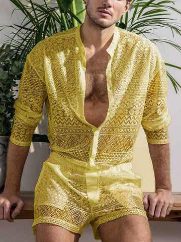 Buy yellow Mens Lace Shorts Shirt Two-Piece Set