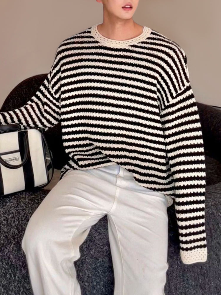 Mens unisex hollowed Out striped knitted Cardigan