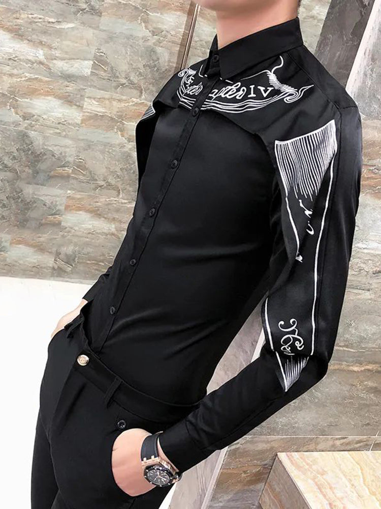 Mens Slim Fit Spliced Shawl Long Sleeve Shirt