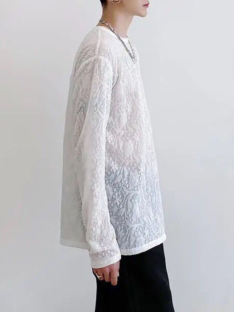 Mens Sexy Lace Perspective Long-sleeved Tops