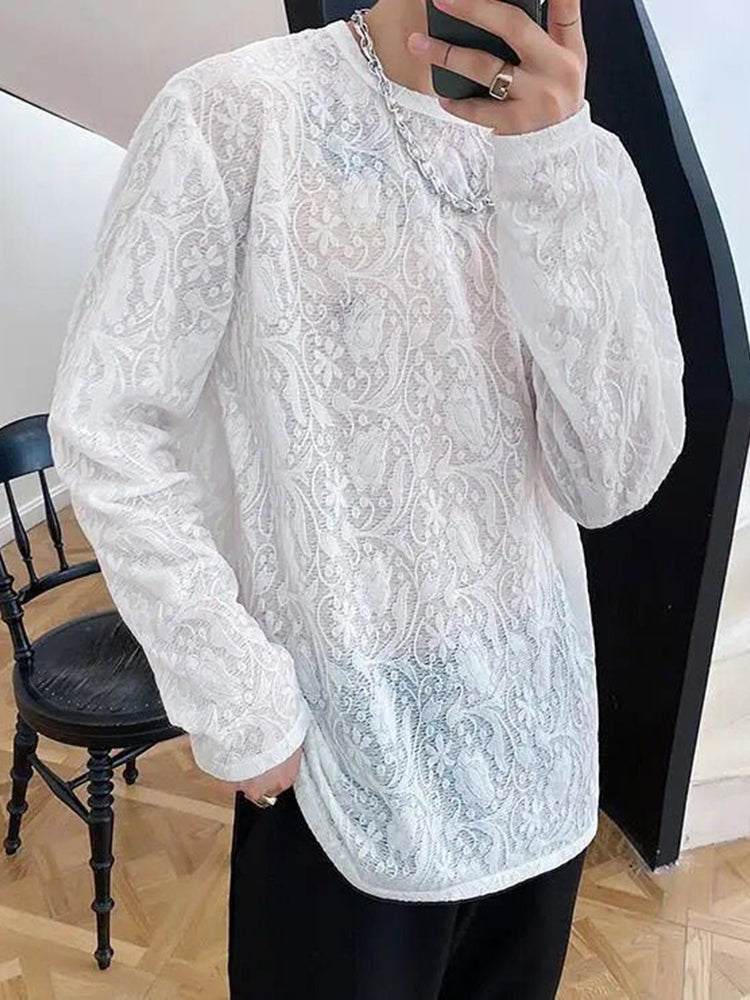 Mens Sexy Lace Perspective Long-sleeved Tops