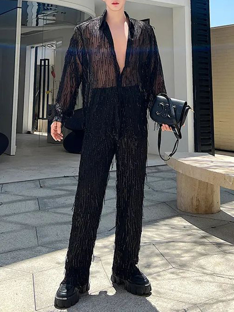 Comprar black Men Tassel See-Through Sexy Sequined Long-Sleeve Shirt