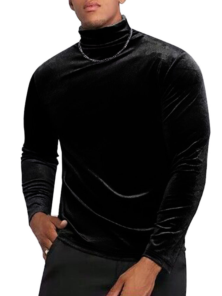 Mens Gold Velvet Turtleneck Casual Top