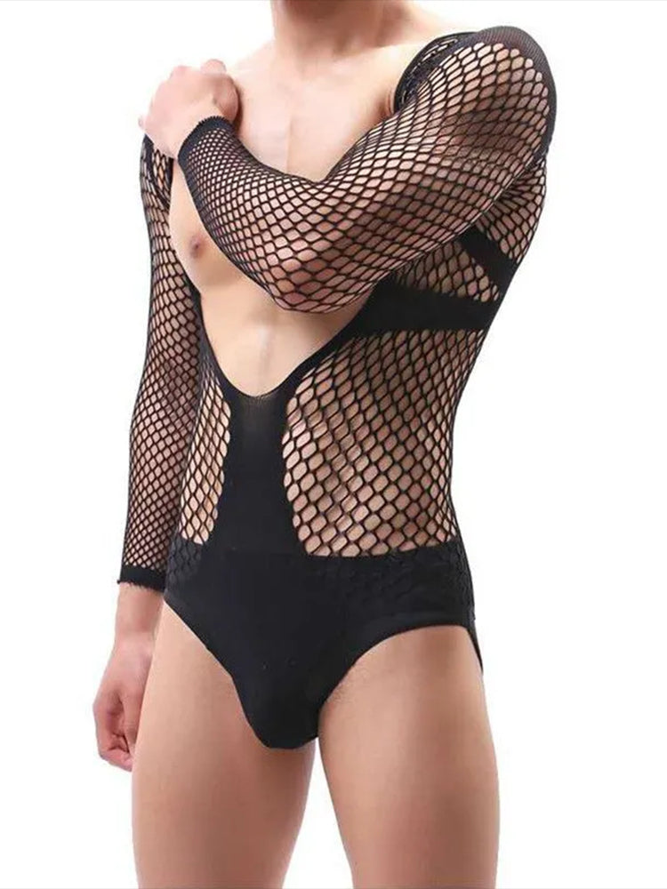 Mens Sexy Nightclub Mesh Perspective Jumpsuit