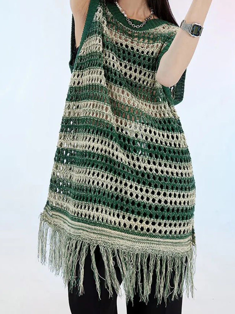 Mens Striped Fringed Knitted Vest