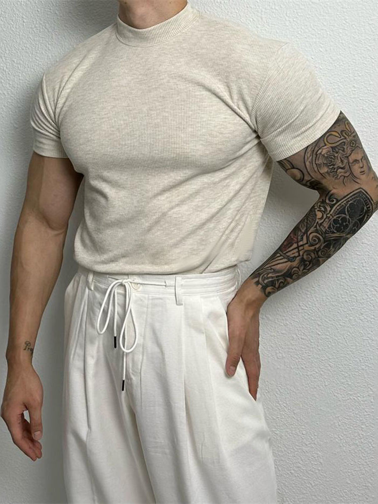 Mens Casual Solid Color High Neck Elastic Knitted T-shirt