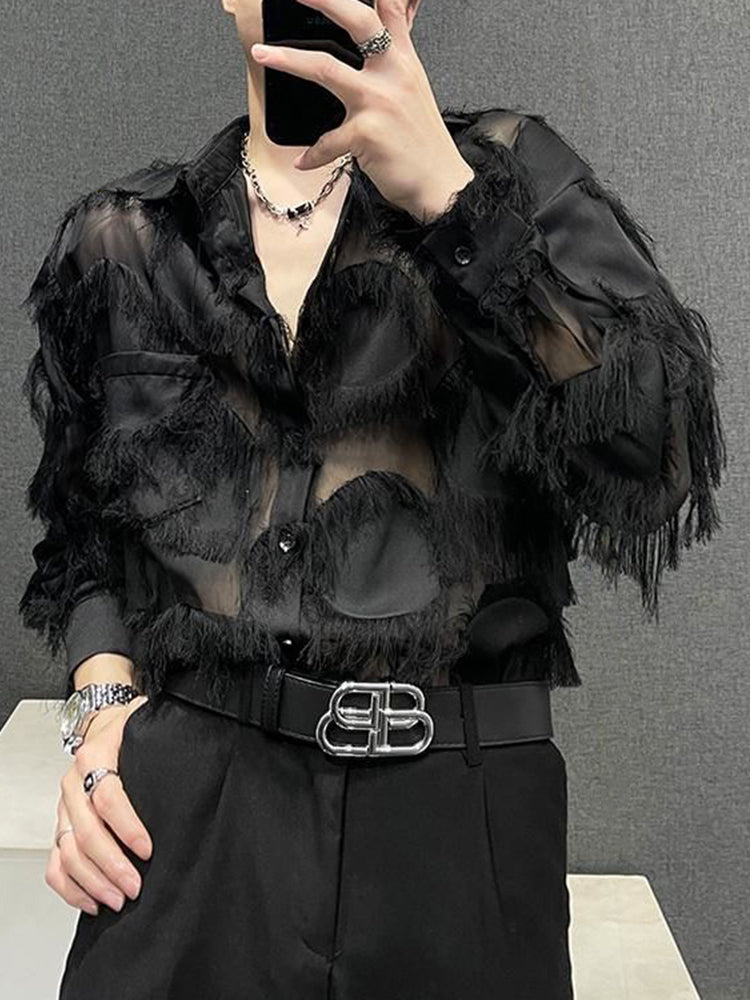 Men Sexy Mesh See-Through Feather Tassel Shirt