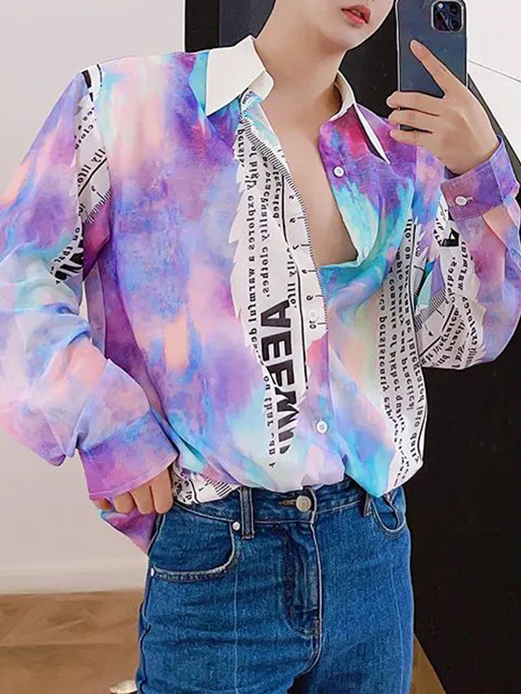 Mens Y2k Tie-Dye Printed Long-Sleeve Shirt