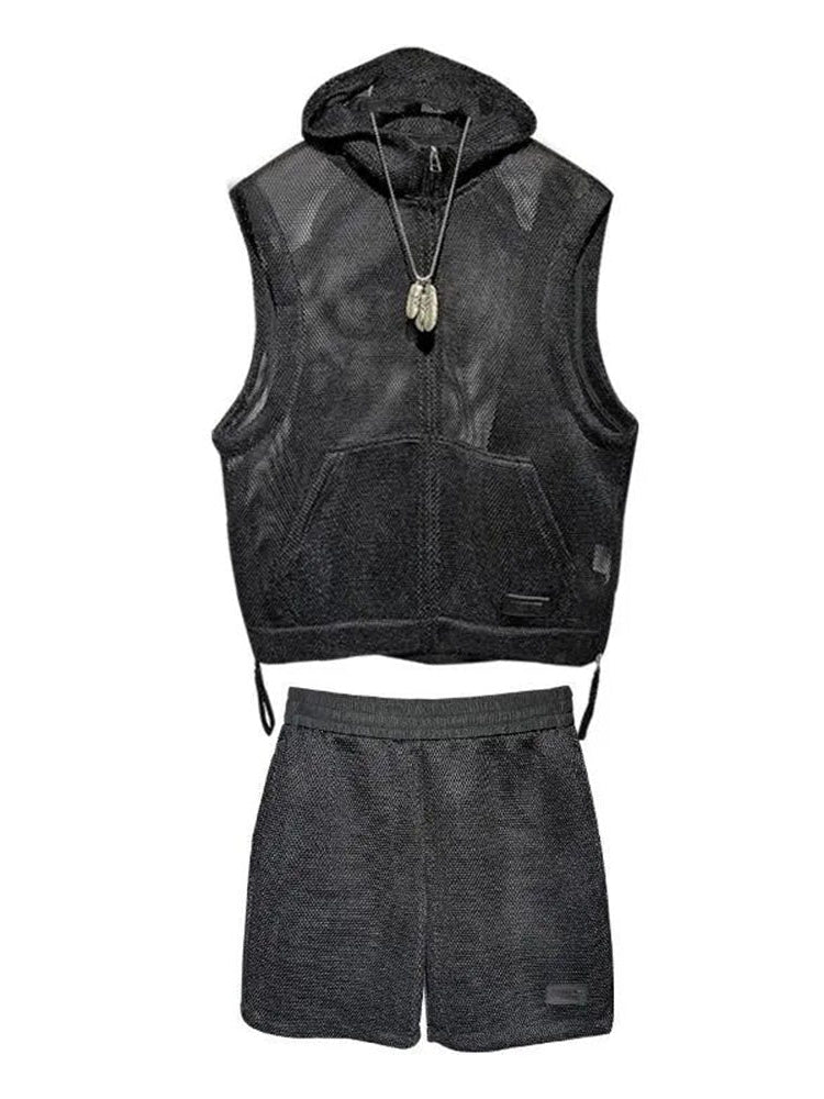 Mens Casual Mesh Shorts Hooded Two-Piece Vest Suit