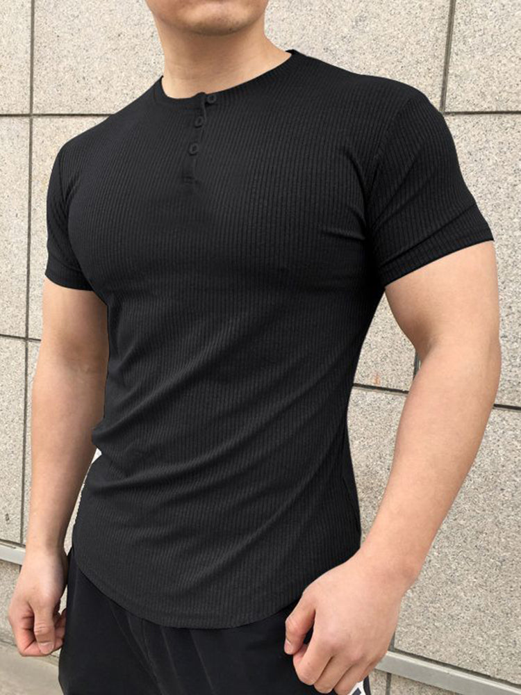 Comprar black Men Sexy Tight Sports Casual Henley Neck T-Shirt