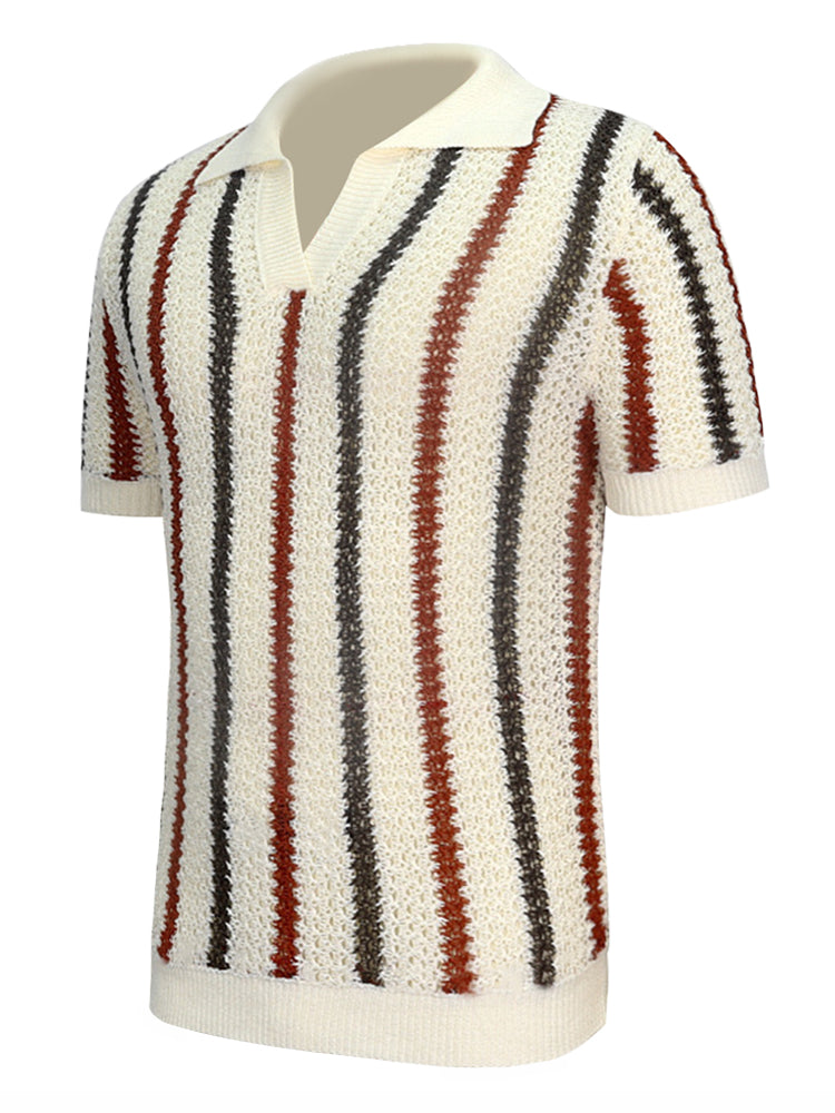 Mens Unisex Striped Knitted Hollow Polo Shirt