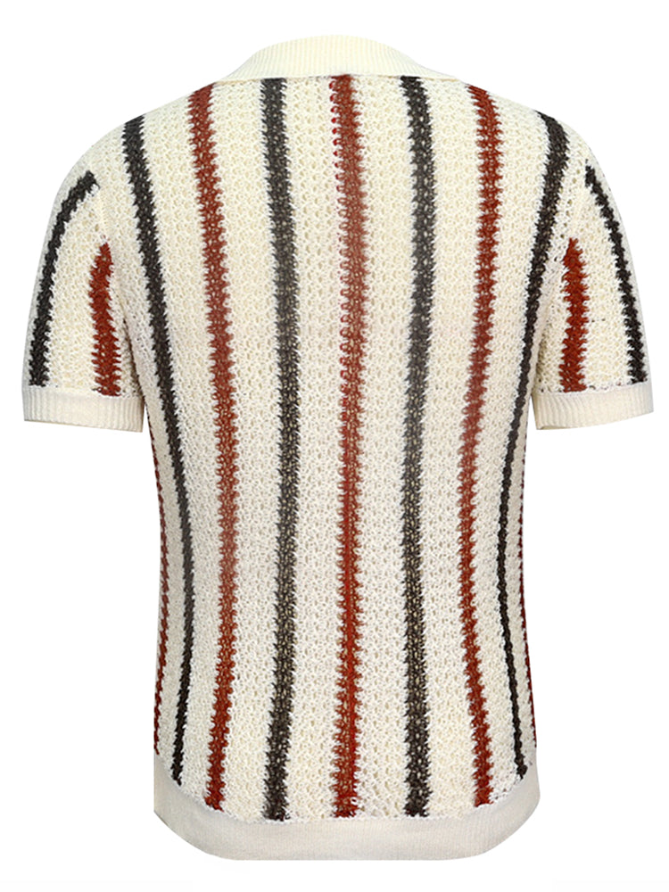 Mens Unisex Striped Knitted Hollow Polo Shirt