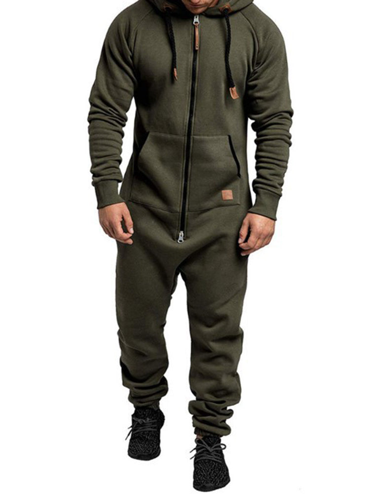 Comprar army-green Mens Velvet Thickened Casual Hooded Jumpsuit