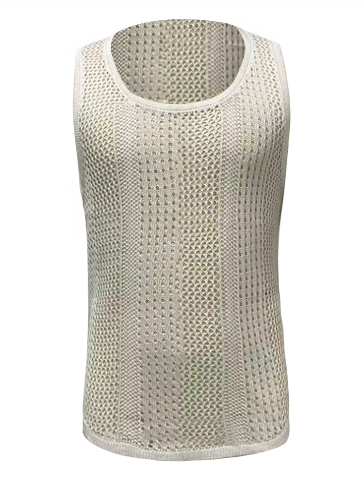 Mens Genderless Solid Color Hollow Out Knitted Tank Top