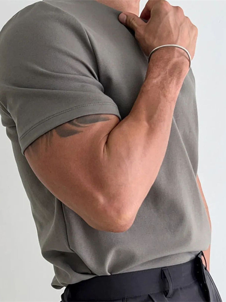 Mens Genderless Casual Solid Color Henry Collar T-shirt