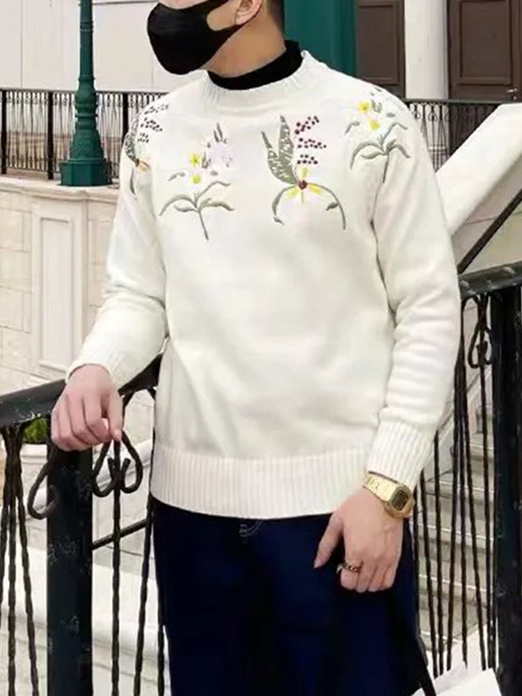 Mens Floral Embroidered Knitted Sweater