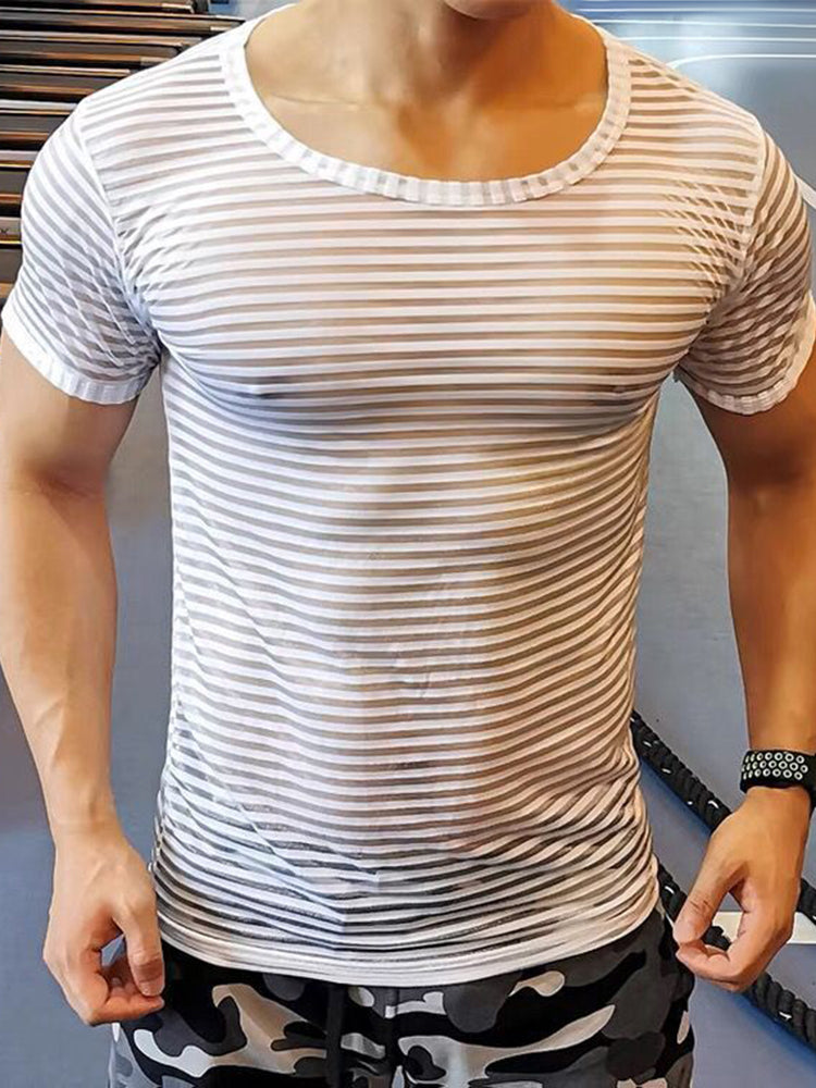 Mens  Sexy Nightclub Gauze  Perspective Striped T-shirt