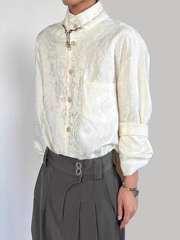 Mens Chinese Jacquard Satin Turtleneck Shirt