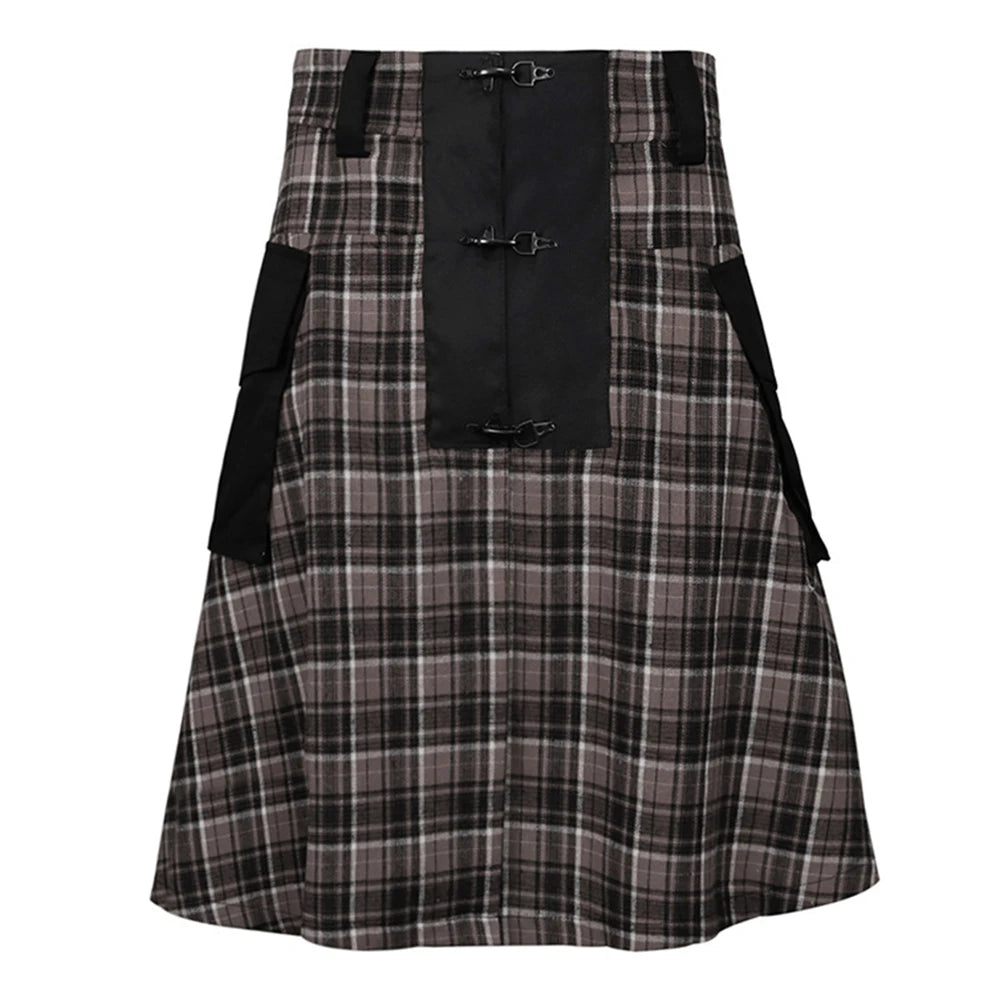 Comprar brown Mens Plaid Pleated Pocket Scottish Skirt