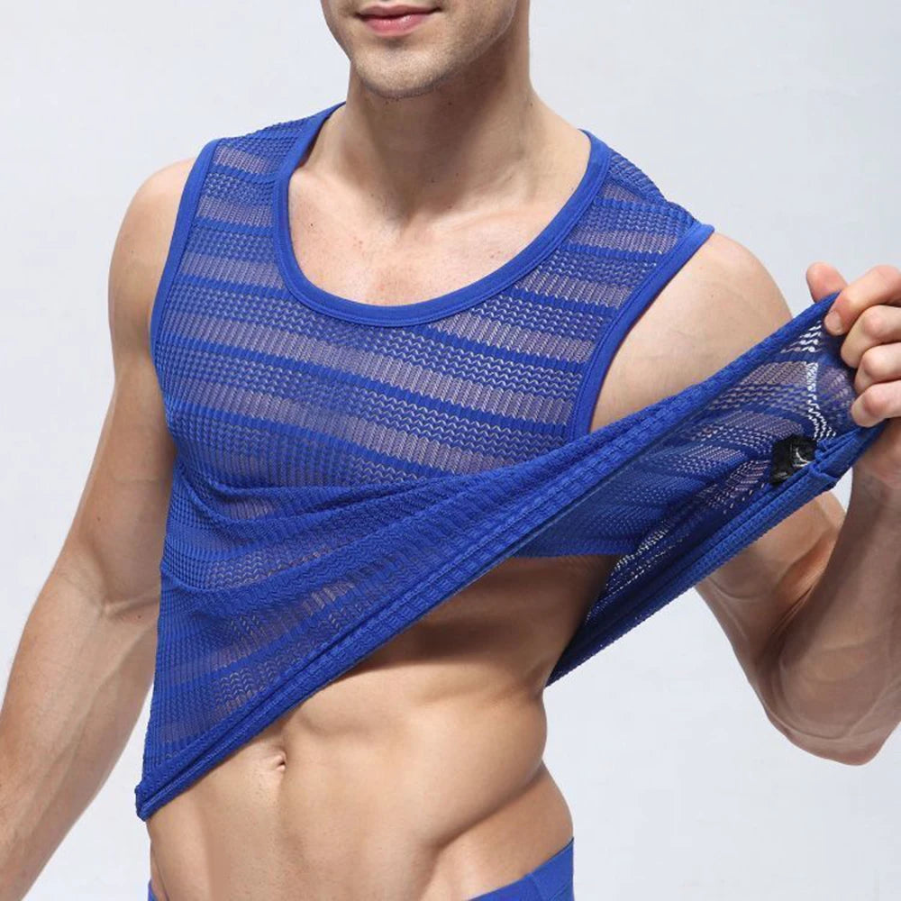 Comprar royal-blue Mens Sexy Nightclub Hollow Out Perspective Stretch Vest