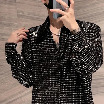 Mens Y2k Sequin Shoulder Pad Jacket Nightclub Personality Temperament Fashion Youth Long-Sleeve Performance Costumes 2024 Summer