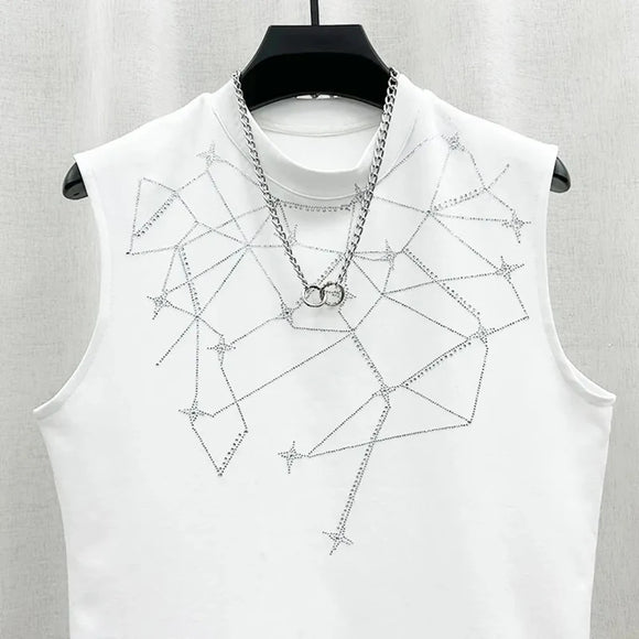 Mens Vest Personalized Heavy Industry Hot Stamping Diamond Starry Vest Summer Casual Sports Sleeveless Top Men's Clothing 2024