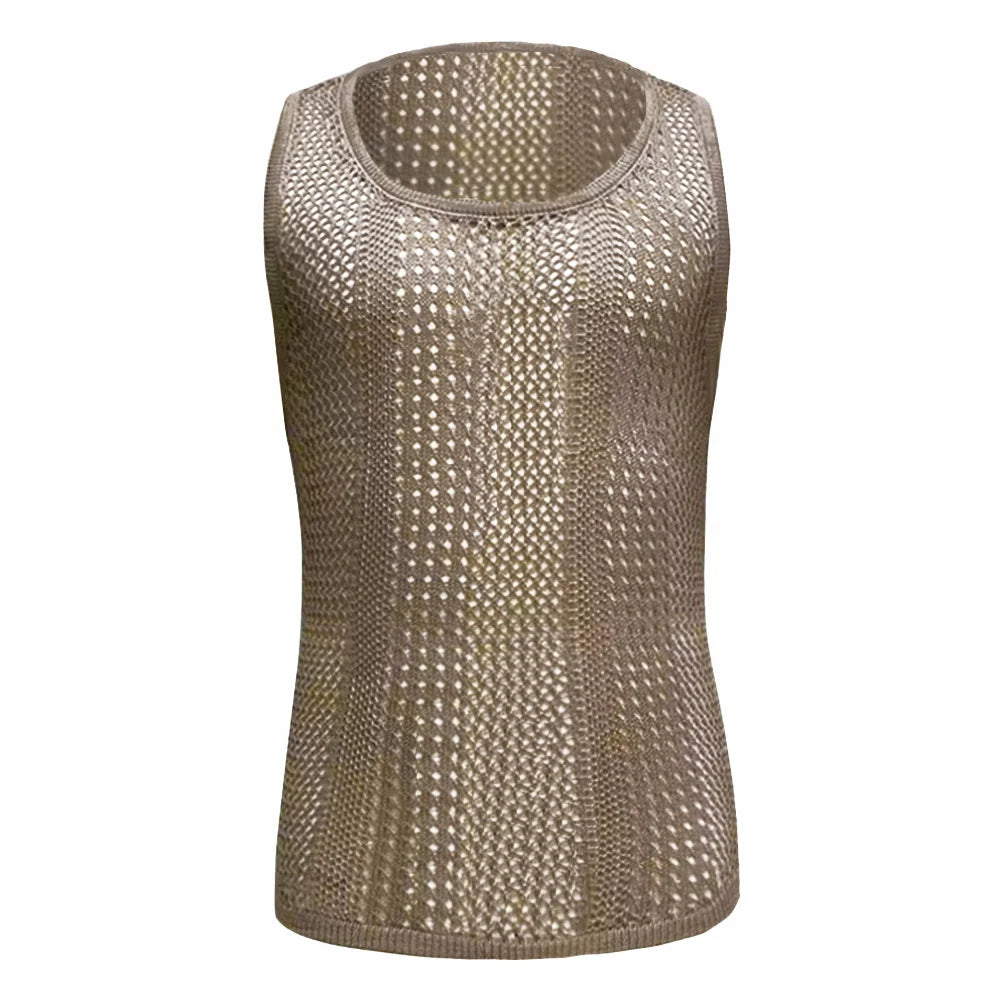 Comprar khaki Mens Genderless Solid Color Hollow Out Knitted Tank Top