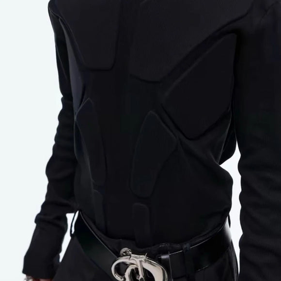 Mens Fashion Trend Heavy Three-Dimensional Armor Design Solid Color High Collar Long Sleeve Bottoming Shirt Slim Versatile Top