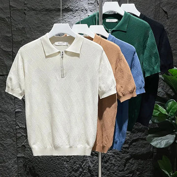Mens T-Shirt Summer Polo Shirt Ice Silk Daily Solid Grid Veins Classic Retro Short Sleeve Slim Fit Men's Trendy Tops New 2024