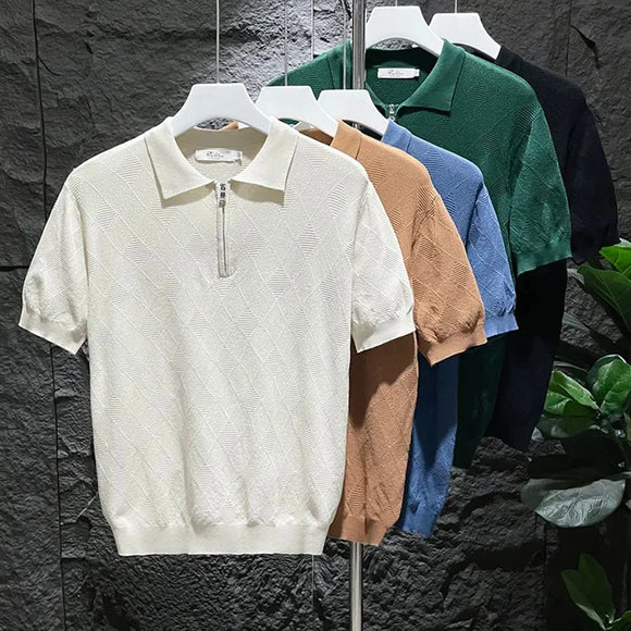 Mens T-Shirt Summer Polo Shirt Ice Silk Daily Solid Grid Veins Classic Retro Short Sleeve Slim Fit Men's Trendy Tops New 2024