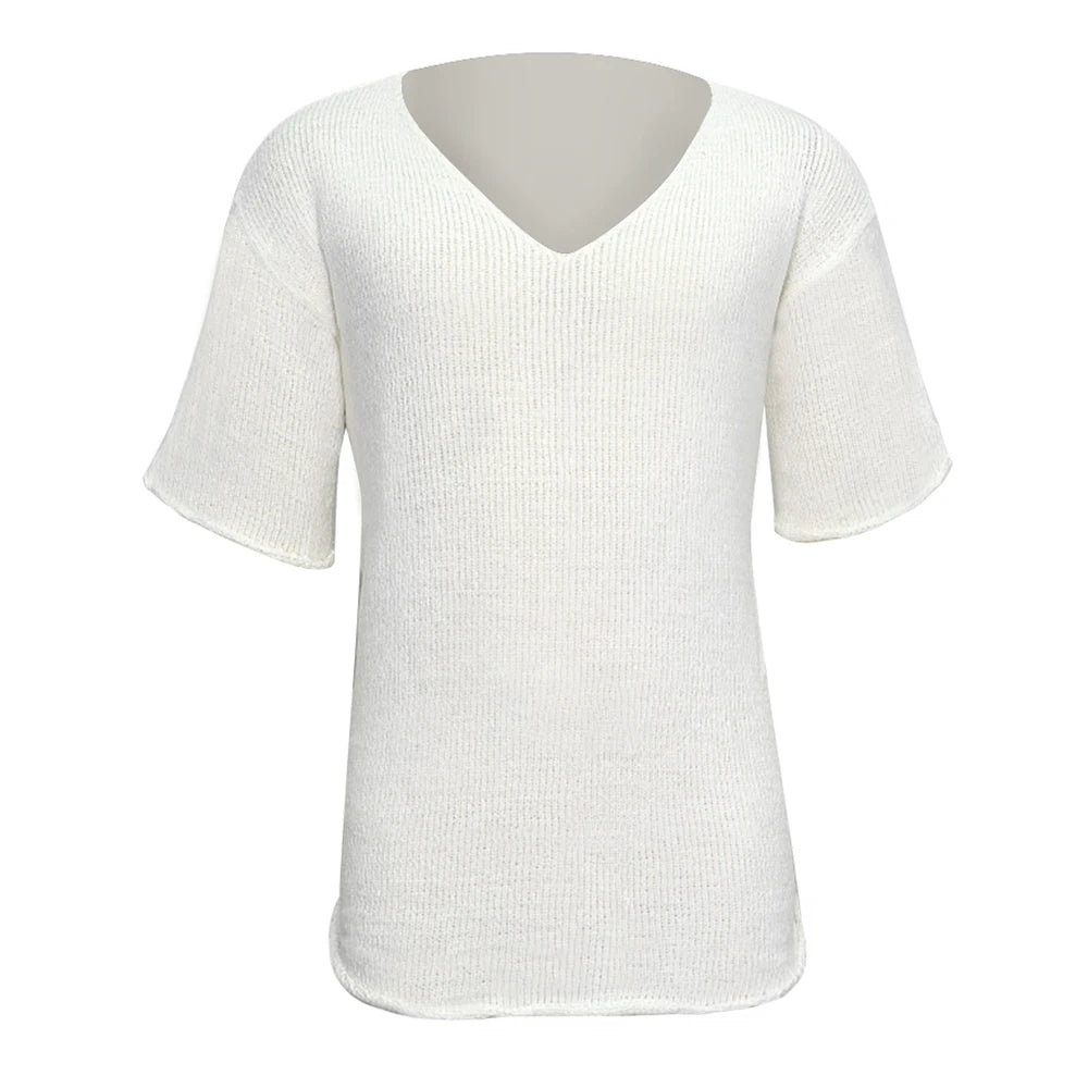 Mens Unisex Solid Vacation Knitted Short Sleeved Top