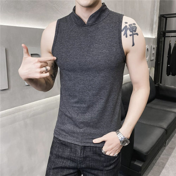 Mens Sleeveless Fake Collar Elastic Vest