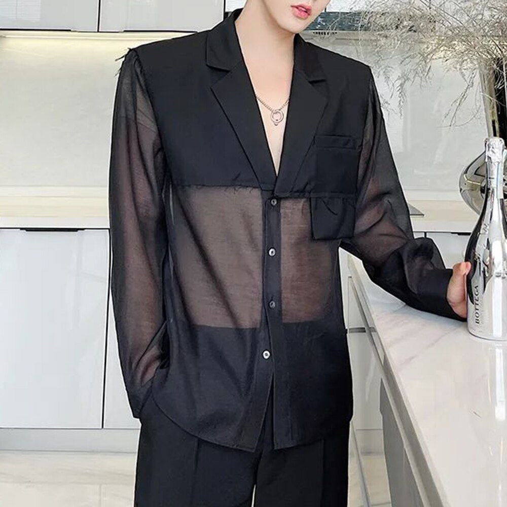 Comprar black Thin Translucent Lapel Loose Sexy Top