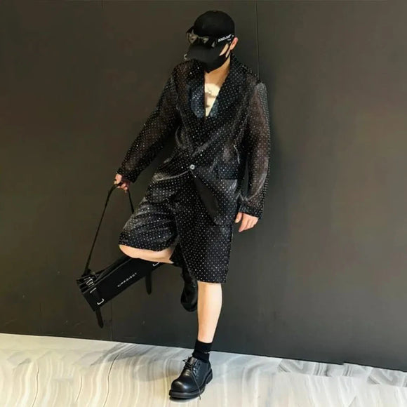 Mens Autumn Winter Shiny Hot Diamond Thin Suit Suit New Nightclub Casual Origin See-Through Mesh Sexy Two-Piece Suit For Men