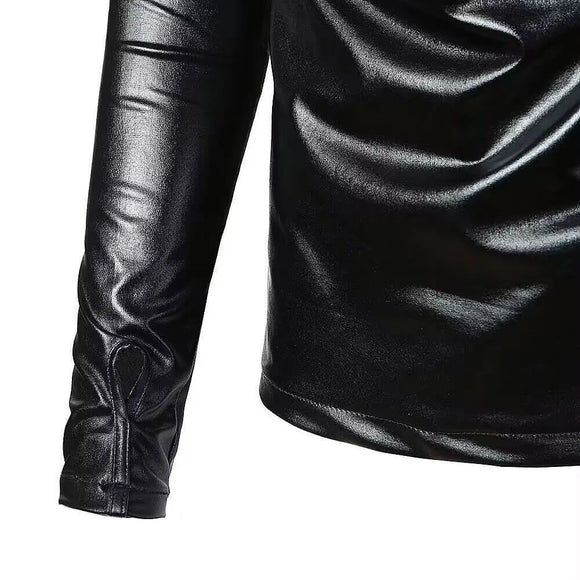 Mens Pu Leather Sweatshirt Pu Tops Streetwear Nightclub Youth Trend Campus Performance Male Long-Sleeve Tops Men'S Clothing 2024