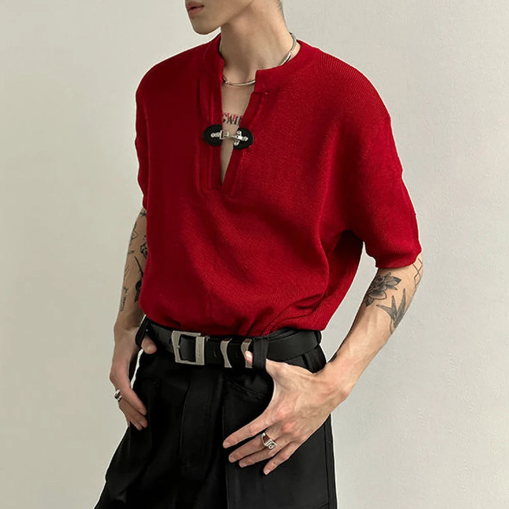 Comprar red Mens Leather Button Knitted  Genderless  Shirt