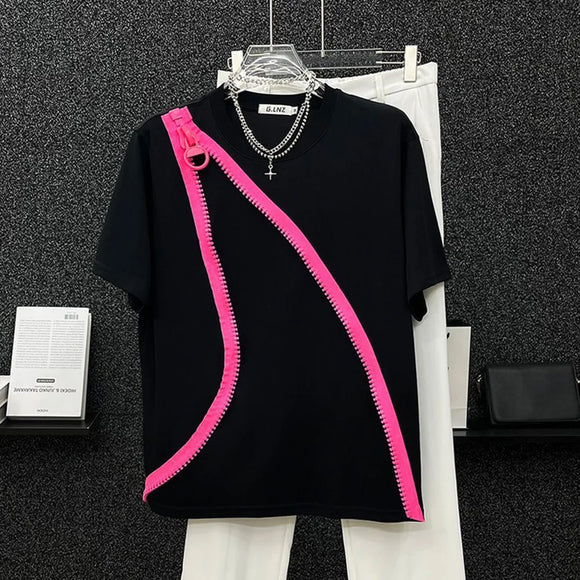 Mens T-Shirt Y2k Contrast Color Zipper Short-Sleeved T-Shirt Summer Streetwear Casual Personality All-Match Tops Men'S Clothing