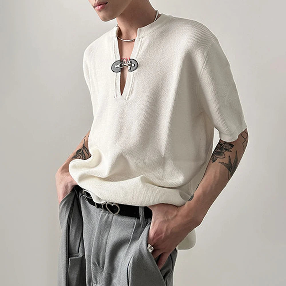 Comprar white Mens Leather Button Knitted  Genderless  Shirt