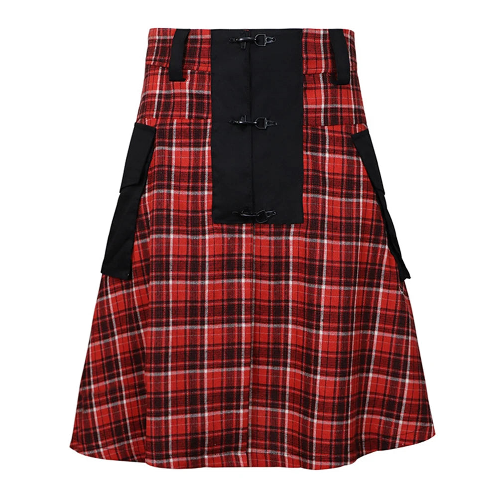 Comprar red Mens Plaid Pleated Pocket Scottish Skirt