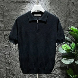 Buy black Mens T-Shirt Summer Polo Shirt Ice Silk Daily Solid Grid Veins Classic Retro Short Sleeve Slim Fit Men&#39;s Trendy Tops New 2024