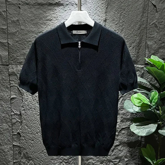 Mens T-Shirt Summer Polo Shirt Ice Silk Daily Solid Grid Veins Classic Retro Short Sleeve Slim Fit Men's Trendy Tops New 2024