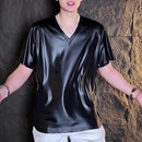 Mens T-Shirt Y2k Shiny Plain Stretch T-Shirt Spring Summer Streetwear Niche Personality Short-Sleeve Top Men'S Clothing 2025 New-6