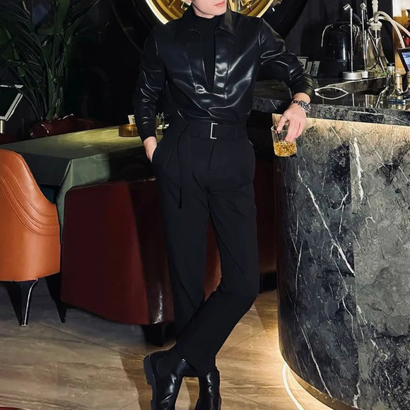 Mens Pu Leather Shirt Rider Motorcycle Casual Shirt Streetwear Fashion All-Match Trend Long-Sleeved Top Men'S Clothing 2025 New