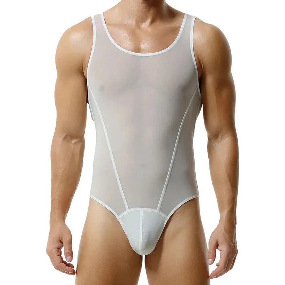 Comprar white Mens Sexy See-Through  Fitness Home Solid Color Jumpsuit