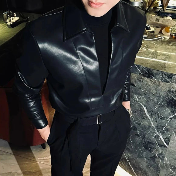 Mens Pu Leather Shirt Rider Motorcycle Casual Shirt Streetwear Fashion All-Match Trend Long-Sleeved Top Men'S Clothing 2025 New