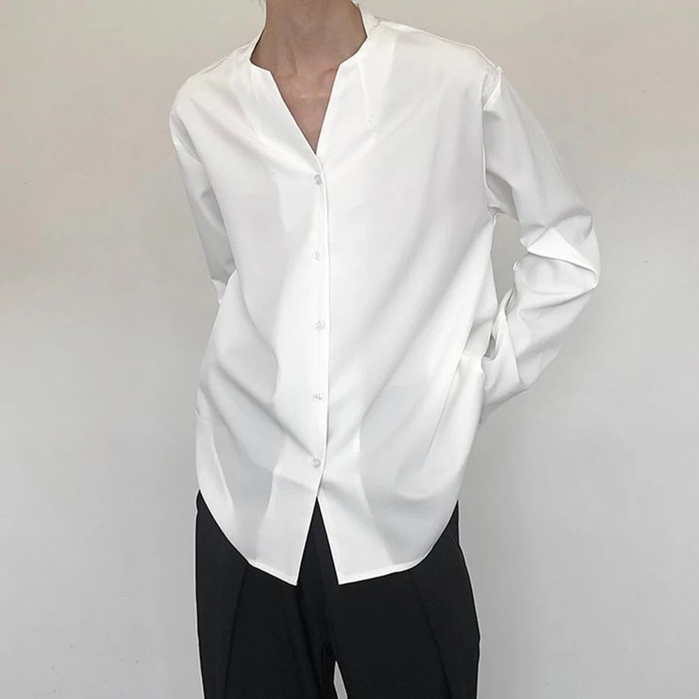 Comprar white Mens Asexual Casual Solid V-neck Long-sleeved Shirt