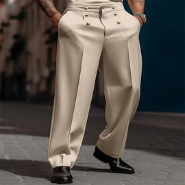 Buy khaki Mens Suit Trousers Cotton Blend Business Button Casual Pants Autumn British Elegant Temperament Straight Pants Men&#39;S Clothing