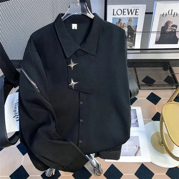 Metal Zipper Design Shirt Autumn New Fashion Loose Trendy Dark Series High-End Drape Irregular Long-Sleeved White Shirt For Men