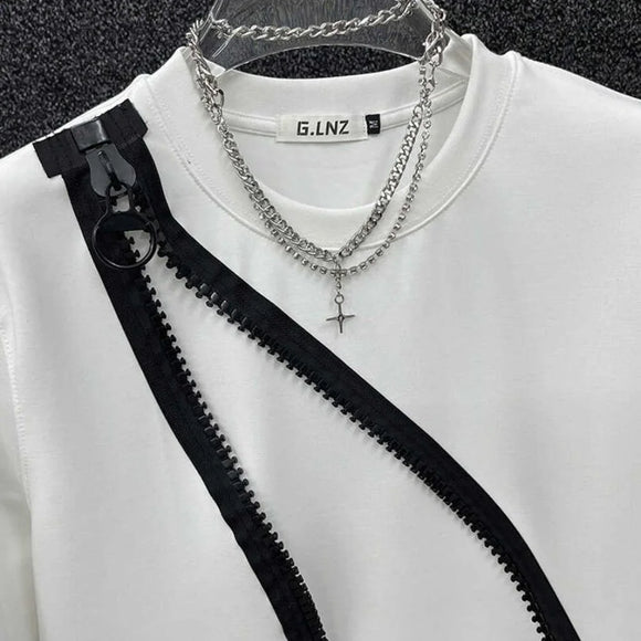 Mens T-Shirt Y2k Contrast Color Zipper Short-Sleeved T-Shirt Summer Streetwear Casual Personality All-Match Tops Men'S Clothing