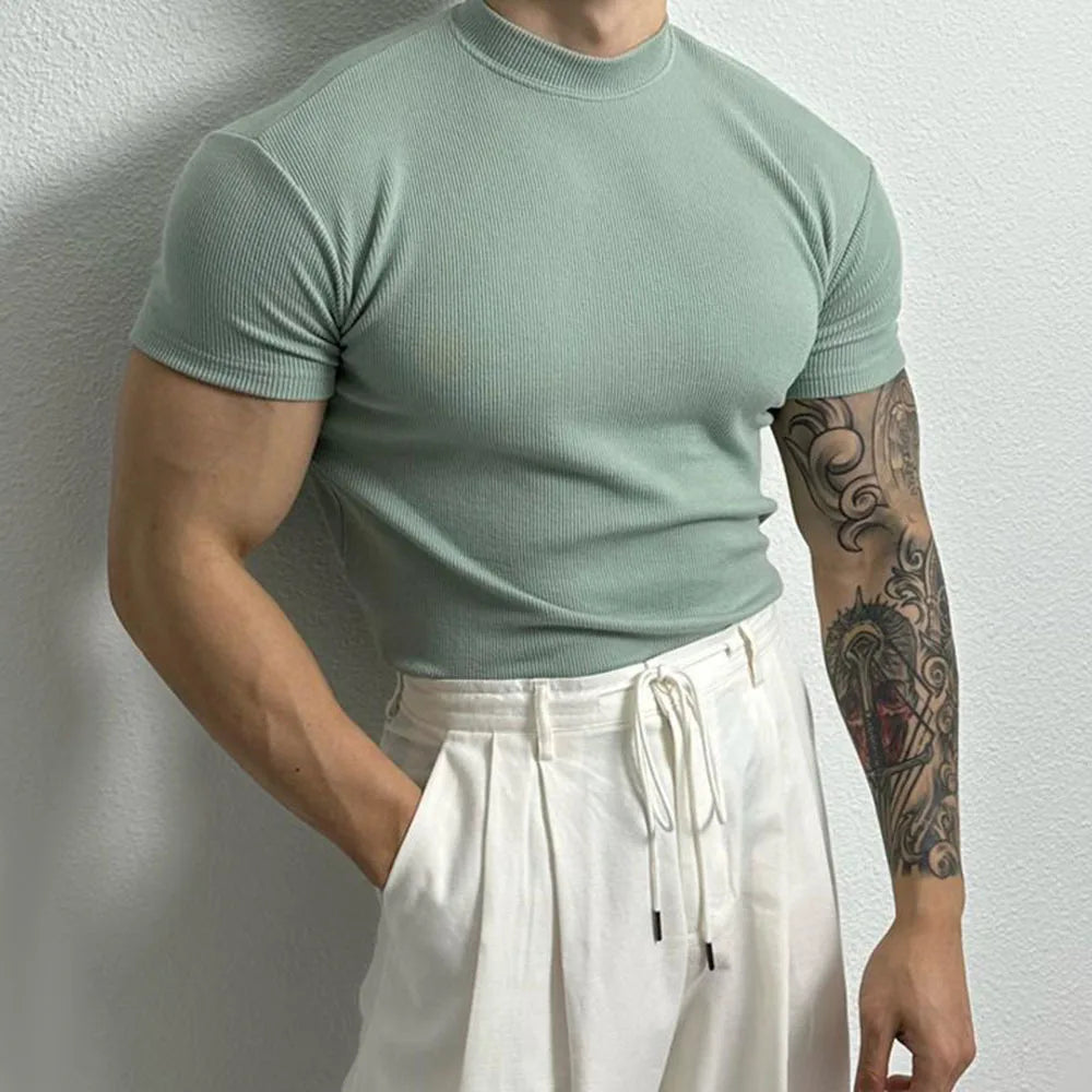 Comprar mint-color Mens Casual Solid Color High Neck Elastic Knitted T-shirt